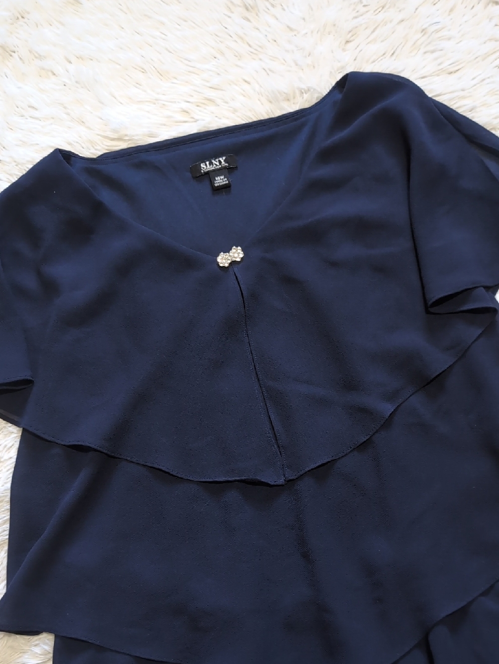 SLNY Navy Blue Tiered Capelet Rhinestone Detail Flowy Ruffle Dress Size 14W - Picture 4 of 13
